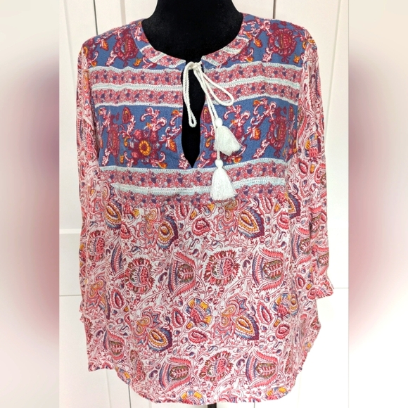 Lucky Brand Tops - Lucky Brand Women's Boho Blue/RedTie Front Blouse with Flutter Sleeves, Size XL